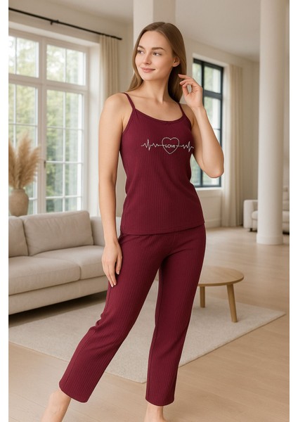 Kadın Ip Askılı Uzun Pijama Takımı Kalpli Desen Bordo Hafif Dublin Kumaş fiyatları