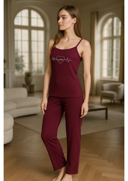 Kadın Ip Askılı Uzun Pijama Takımı Kalpli Desen Bordo Hafif Dublin Kumaş modelleri