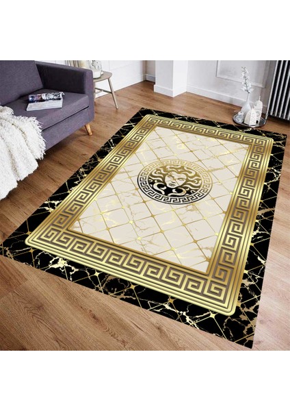 Medusa Motif Gold Çizgisel Motif Süngerli , Kalın Yüzey Makinede Yıkanabilir Halı - Deri Taban