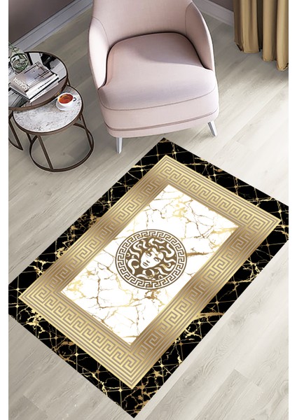 Medusa Motif Gold Çizgisel Motif Süngerli , Kalın Yüzey Makinede Yıkanabilir Halı - Deri Taban fırsatları