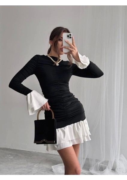 Fırfır Detaylı Drapeli Mini Elbise