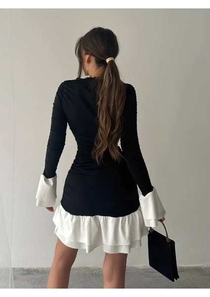Fırfır Detaylı Drapeli Mini Elbise