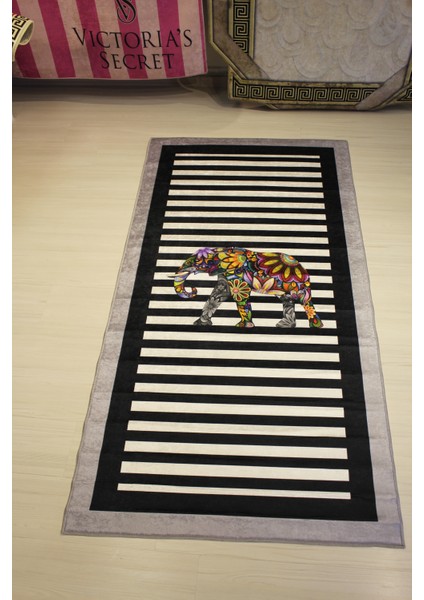 Mandala Fil Desen Özel Süngerli Yüzey Yıkanabilir Modern Motif Halı - Deri Tabanlı