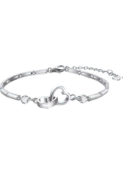 925 Ayar Gümüş Boyu Ayarlanabilir Kübik Zirkon Taşlı Çift Kalp Bileklik Sevgililer Günü Hediyelik
