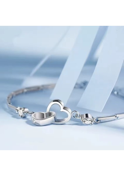 925 Ayar Gümüş Boyu Ayarlanabilir Kübik Zirkon Taşlı Çift Kalp Bileklik Sevgililer Günü Hediyelik modelleri
