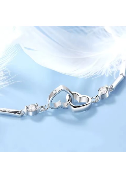 925 Ayar Gümüş Boyu Ayarlanabilir Kübik Zirkon Taşlı Çift Kalp Bileklik Sevgililer Günü Hediyelik fırsatları