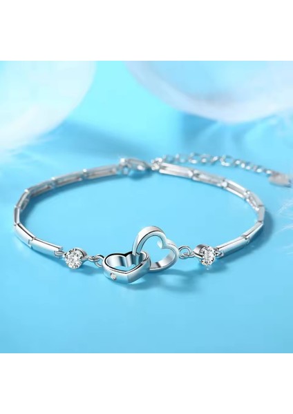 925 Ayar Gümüş Boyu Ayarlanabilir Kübik Zirkon Taşlı Çift Kalp Bileklik Sevgililer Günü Hediyelik indirimleri