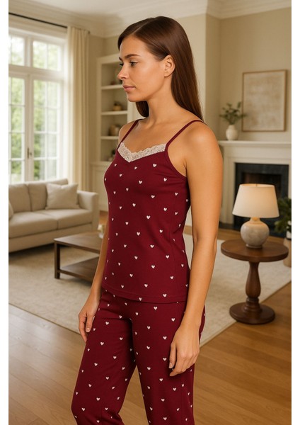 Kadın Milan Ip Askılı Uzun Pijama Takımı Dantel Detaylı Kalp Desenli