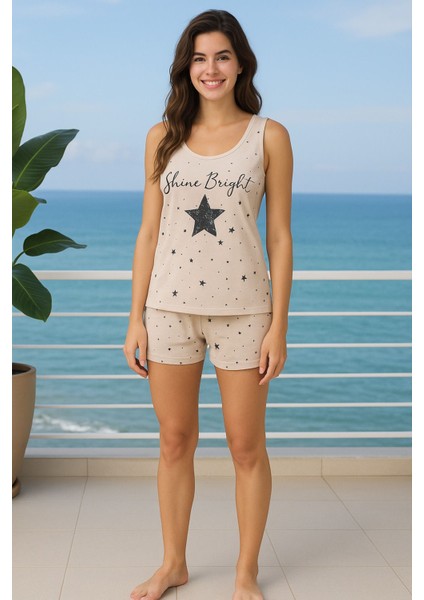 Kadın Askılı Şortlu Pijama Takımı Shine Bright Desenli Yazlık Pamuklu fiyatları