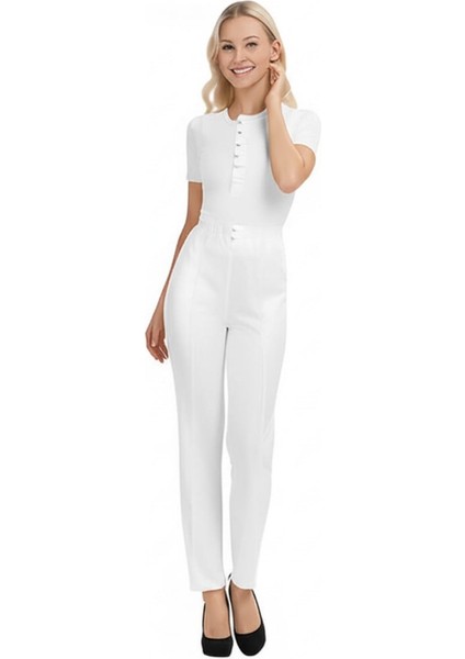 Kadın Beli Lastikli Ön Dikiş Detaylı Dekoratif Çift Düğmeli Nude Slim Fit Pantolon fiyatları