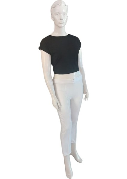 Kadın Beli Lastikli Ön Dikiş Detaylı Dekoratif Çift Düğmeli Nude Slim Fit Pantolon indirimleri