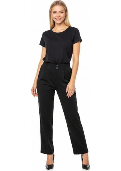 Kadın Beli Lastikli Ön Dikiş Detaylı Dekoratif Çift Düğmeli Nude Slim Fit Pantolon