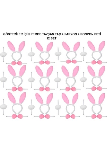 Pembe Tavşan Kostüm Seti – Taç, Papyon, Ponpon (12’li Paket)