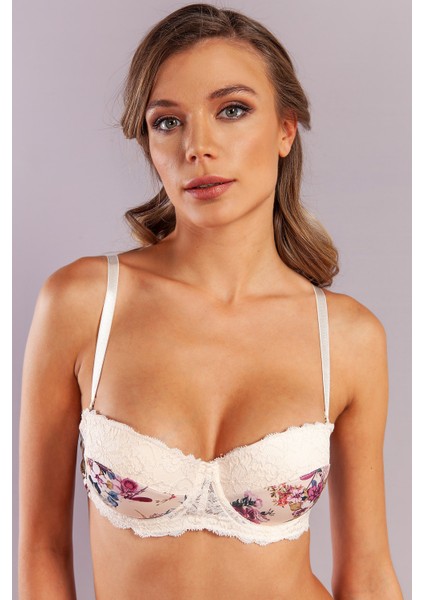 Gitana Half Push Up Bra,çiçekli Ekru Straplez Konforlu ve Şık Sütyen