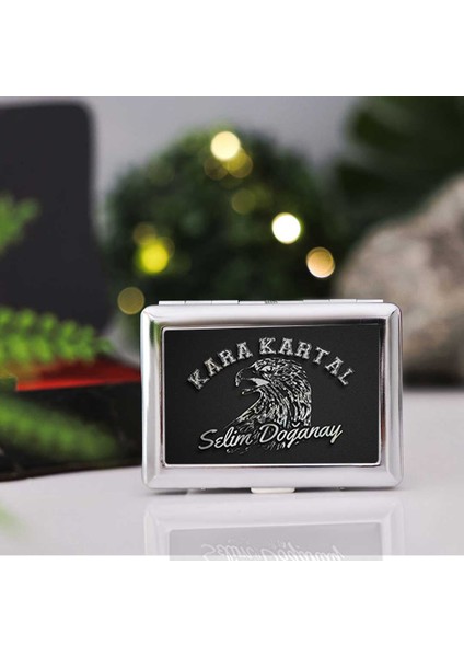 Kabartma Efektli Kara Kartal Desenli Kişiye Özel Sigara Tabakası ve Çakmak Seti modelleri