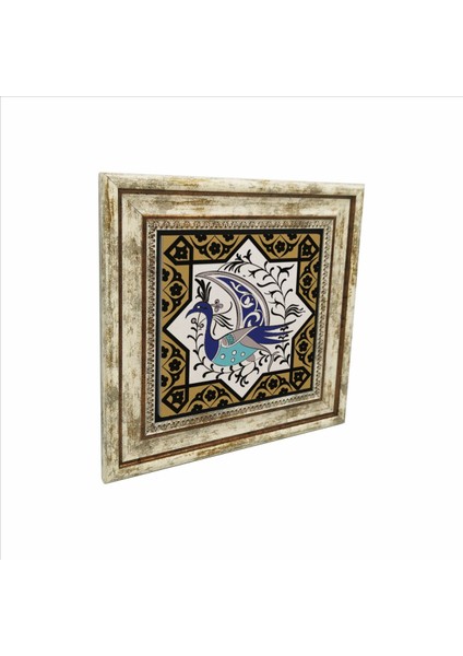 Tavus Kuşu Figürlü, Anadolu Selçuklu Yıldız Motifi Baskılı Doğaltaş Tablo (25 x 25 Kd-31)