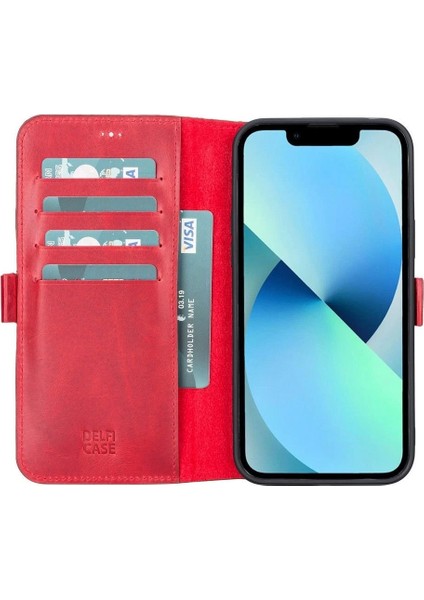 Apple iPhone 13 Pro Uyumlu Deri Cüzdanlı Kılıf Nar Çiçeği