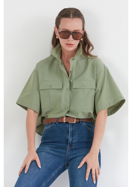 Basic Çift Cepli Arkası Uzun Crop Gömlek