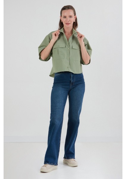 Basic Çift Cepli Arkası Uzun Crop Gömlek modelleri