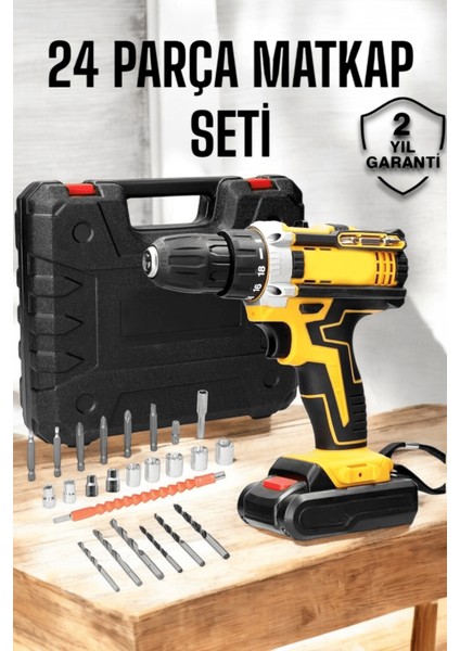 Çift Bataryalı Metal Dişli Darbeli Şarjlı Matkap Seti 24W Güç ve 24 Parça Aksesuar