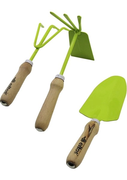 Eltos EBS-003 3pcs Bahçe Hobi Seti Renkli Metal Çift Başlı Çapa - 3 Dişli Tırmık - Kürek Ahşap Saplı
