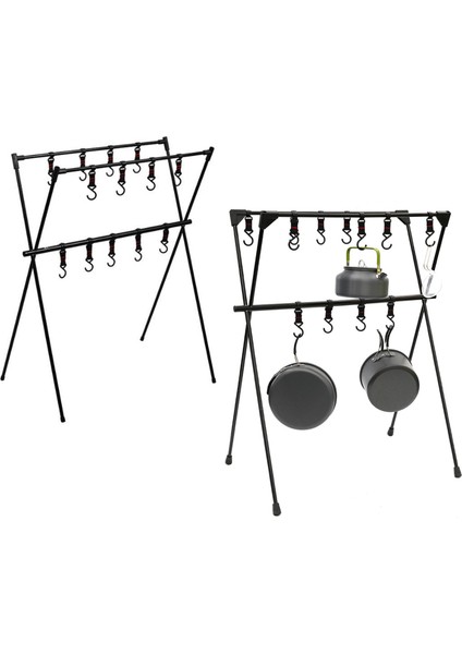 Kamp Asılı Raf Alüminyum Alaşımlı Çift Katmanlı Çok Fonksiyonlu Tripod Açık Standı Araçları Siyah Örgü Siyah (Yurt Dışından)