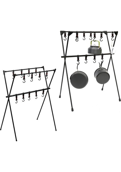 Kamp Asılı Raf Alüminyum Alaşımlı Çift Katmanlı Çok Fonksiyonlu Tripod Açık Standı Araçları Siyah Örgü Siyah (Yurt Dışından)