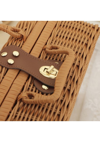 Dokuma Piknik Kutusu Plastik Rattan Kokusuz Retro Dokuma Saklama Kutusu Halka Şekilli Saplı Açık Ahşap Renk S (Yurt Dışından)