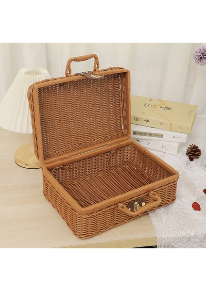 Dokuma Piknik Kutusu Plastik Rattan Kokusuz Retro Dokuma Saklama Kutusu Halka Şekilli Saplı Açık Ahşap Renk S (Yurt Dışından)