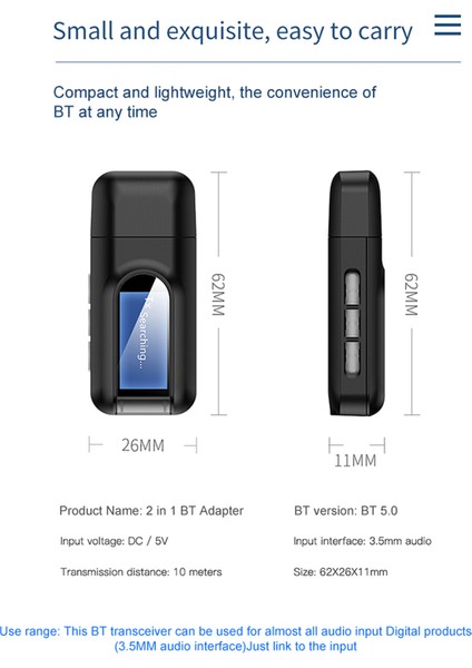 2'si 1 Arada USB Bluetooth 5.0 Verici Alıcı LCD Ekranlı 3.5mm Aux Stereo Pc Tv Araba Kulaklık Kablosuz Adaptör (Yurt Dışından)