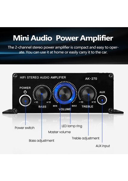 AK270 Mini Ses 2 Kanallı Stereo Güç Amplifikatörü Taşınabilir Ses Amplifikatörü Aux Girişli Hoparlör Amplifikatörü Araba ve Ev Için (Yurt Dışından)