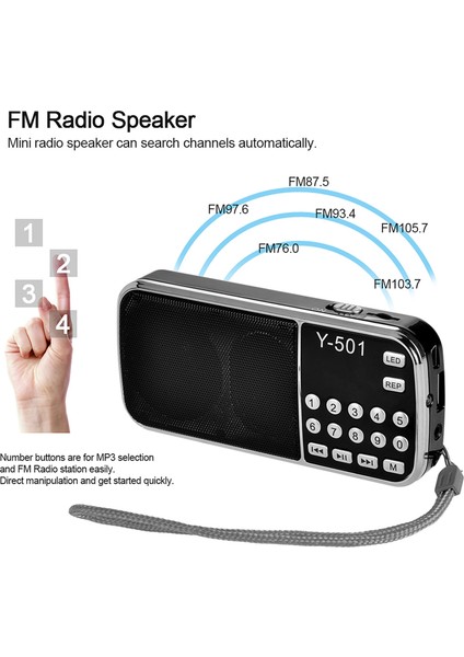 Y-501 Mini Fm Radyo Dijital Taşınabilir 3W Stereo Hoparlör Mp3 Ses Çalar Yüksek Sadakat Ses Kalitesi 0.75 Inç Ekran LED El Feneri Desteği USB Sürücü Tf Kart Aux-In Kulaklık Çıkışı (Yurt Dışından) fiyatları