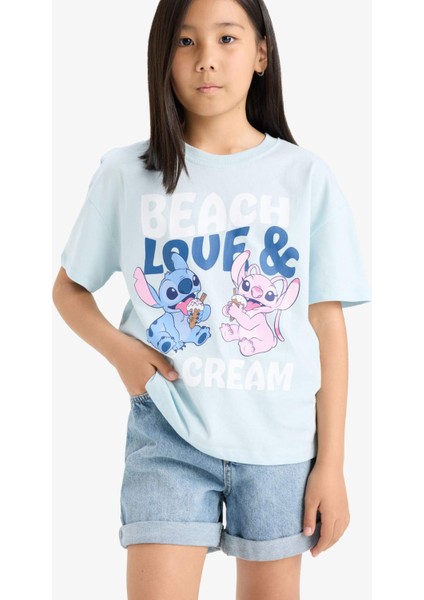 Kız Çocuk Disney Lilo & Stitch Relax Fit Bisiklet Yaka Kısa Kollu Tişört F5391A825HS