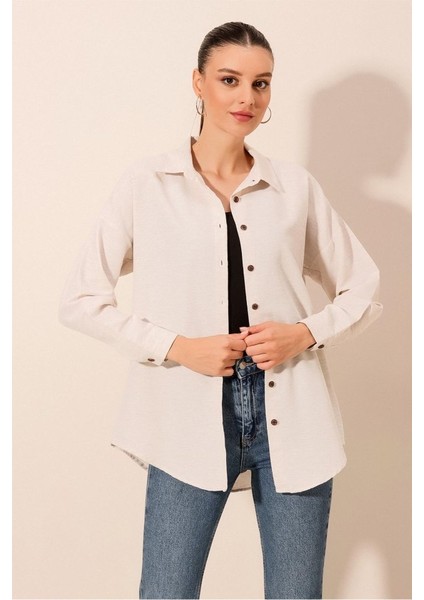 Krem Düz Oversize Uzun Basic Gömlek 3900
