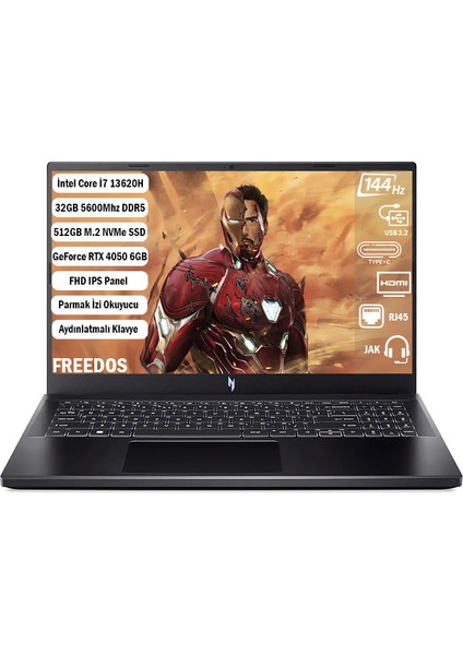 Nitro V 15 I7-13620H 32 GB 512 GB SSD Rtx 4050-6 GB 15.6" Fhd IPS 144Hz Freedos NH.QNBEY.002+325
