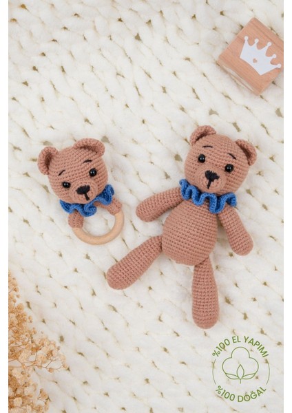 Elite El Yapımı Amigurumi Ayıcık Oyuncak ve Ahşap Çıngırak Seti- Doğal Örgü Bebek Oyuncak 1 Adet