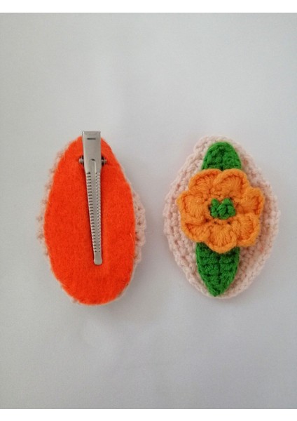 Amigurumi Klips Toka El Örgüsü 2'li Turuncu-Yeşil Çiçek Model 1 Adet