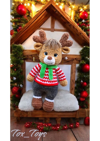 Elite Amigurumi %100 El Yapımı Örgü Kırmızı Elbiseli Oyuncak Geyik 1 Adet