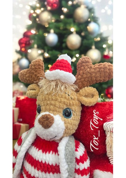 Elite Amigurumi %100 El Yapımı Örgü Kırmızı Elbiseli Oyuncak Geyik 1 Adet