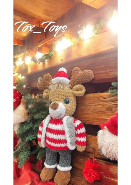 Elite Amigurumi %100 El Yapımı Örgü Kırmızı Elbiseli Oyuncak Geyik 1 Adet