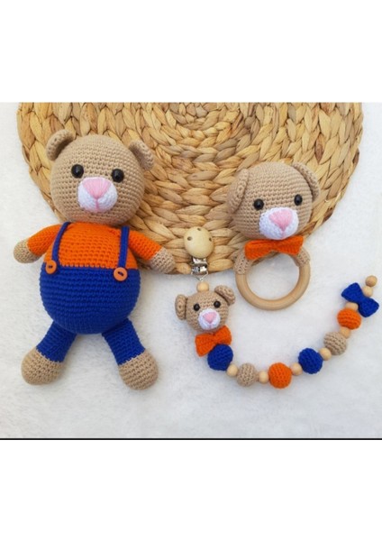 Amigurumi Yenidoğan Hediyelik Ayıcık Set 3 Parça Uyku Arkadaşı Emzik Zinciri Çıngırak 1 Adet