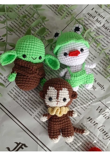 Amigurumi Minik Sevimli Organik Hayvan Oyuncaklar (Ördek, Baby Yoda, Maymun) 1 Adet