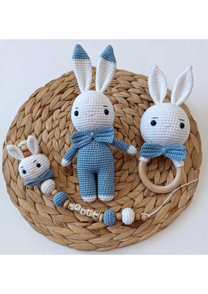 Amigurumi Tavşan Uyku Arkadaşı Emzik Zinciri Çıngıraklı Diş Kaşoyıcı Üçlü Set 1 Adet