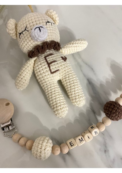 Elite Amigurumi Ayıcık Uyku Arkadaşı ve Isimli Emzik Zinciri 1 Adet