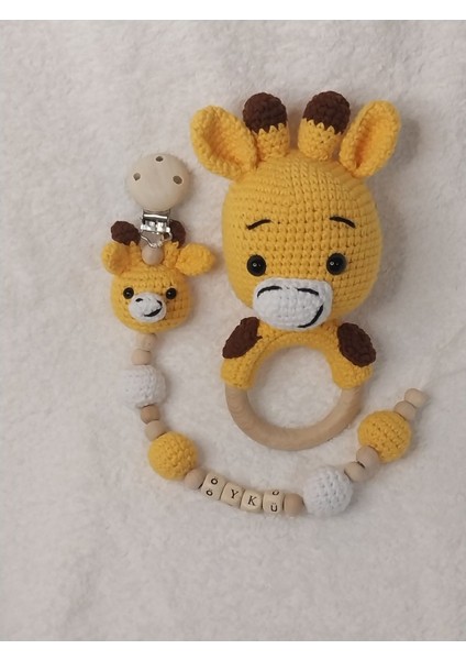 Amigurumi Sevimli Zurafa Cingirakli Dis Kasiyici ve Isimli Emzik Zinciri 1 Adet modelleri