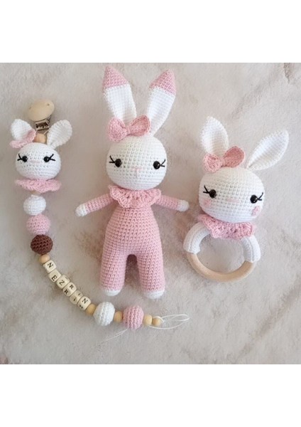 Amigurumi Pembe Hediyelik Tavan Emzik Zinciri Çıngırak Uyku Arkadaşı Set 1 Adet