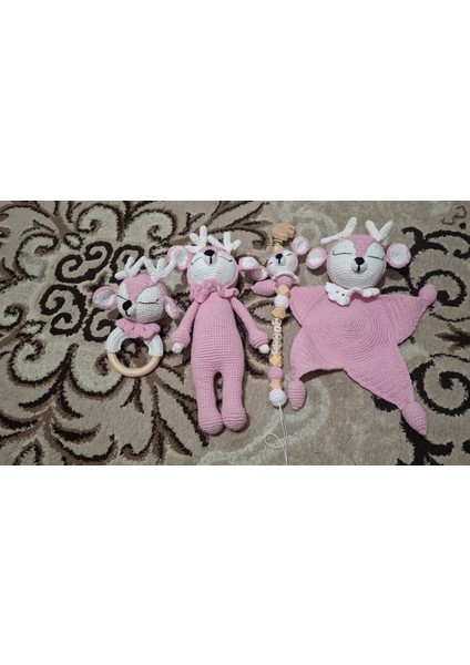 Elite Örgü Pembe Geyik Emzik Zinciri Çıngırak Patik Uyku Arkadaşı 5li Set 1 Adet