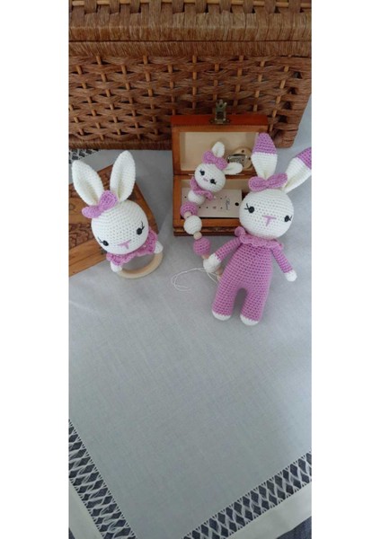 Amigurumi Tavşan Uyku Arkadaşı Emzik Zinciri Çıngıraklı Diş Kaşoyıcı Üçlü Set 1 Adet