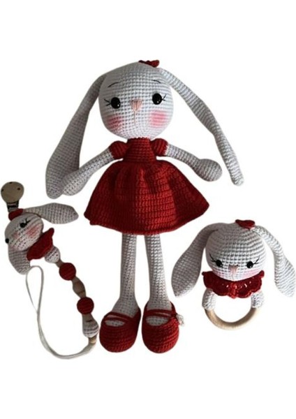 Uzun Kulak Kırmızı Tavşan Seti Amigurumi Organik Oyuncak 1 Adet