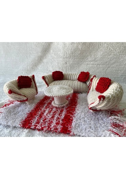 El Örgüsü Koltuk Takımı Kırmızı Beyaz Amigurumi 1 Adet